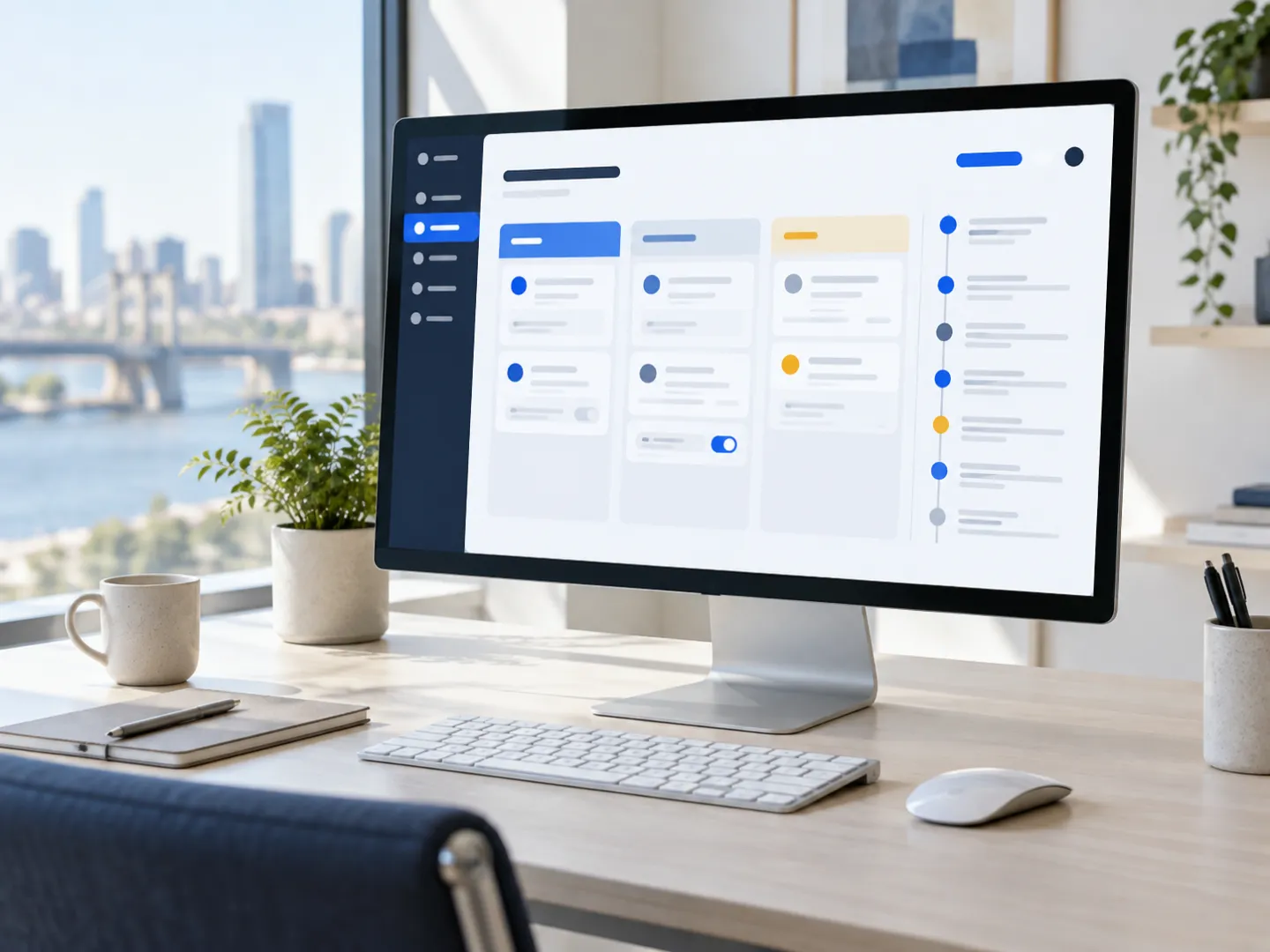 Illustrative agent workspace with task cards, approval controls, and an activity log