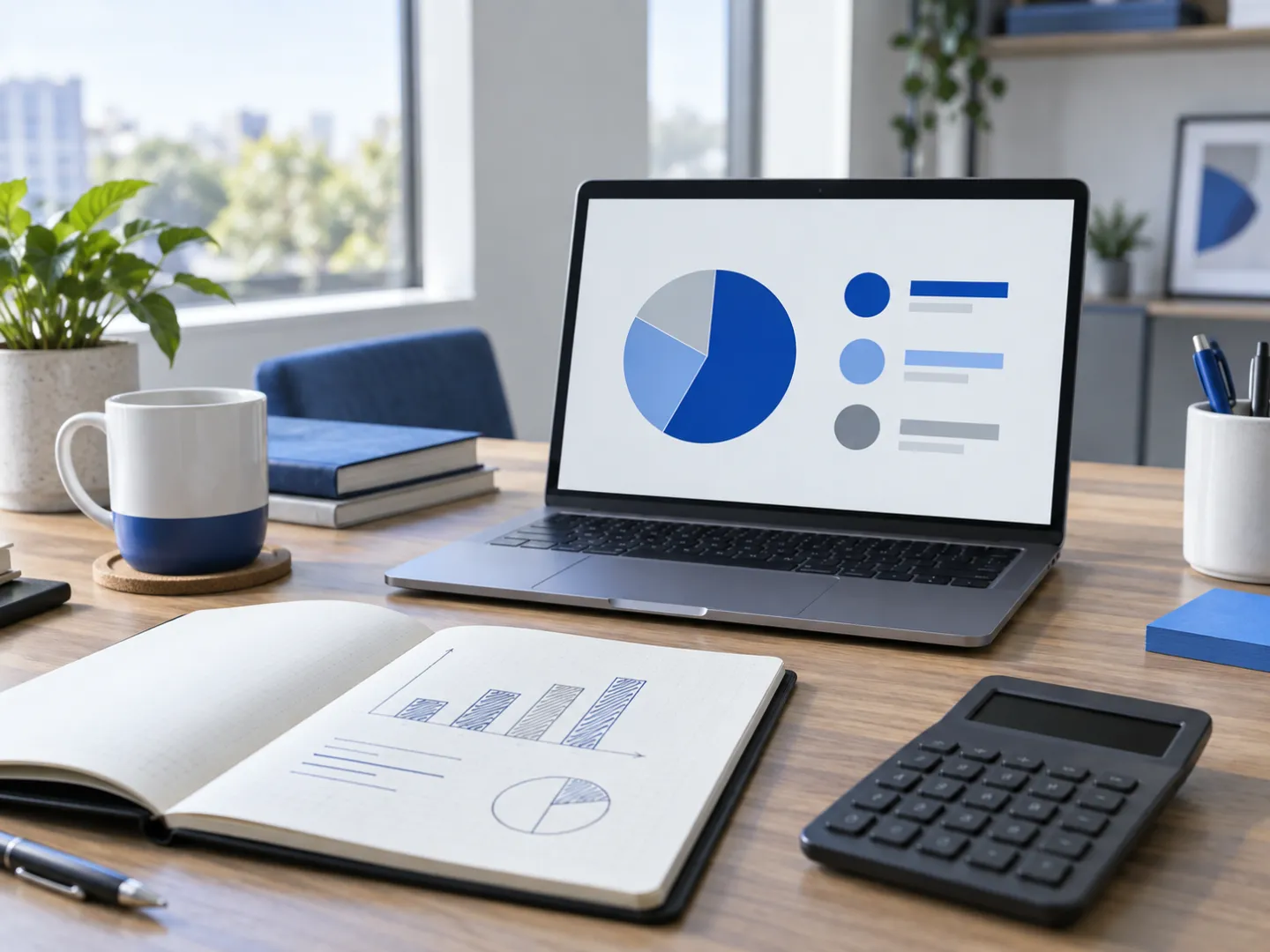 Desk with a calculator, a notebook of sketched bars and a laptop showing an illustrative three-part cost chart