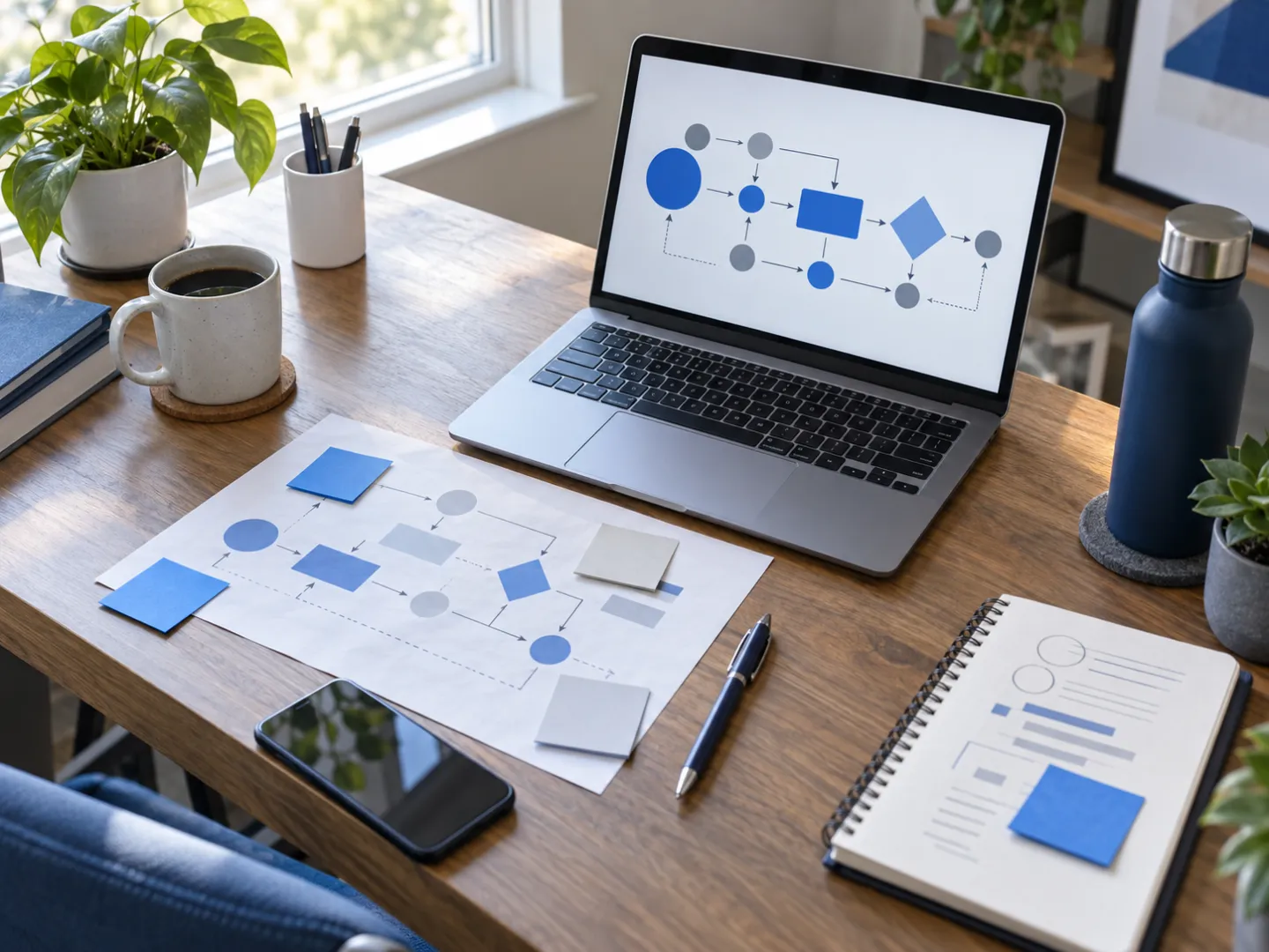 Desk with a laptop showing an illustrative process map and a printed workflow with sticky notes