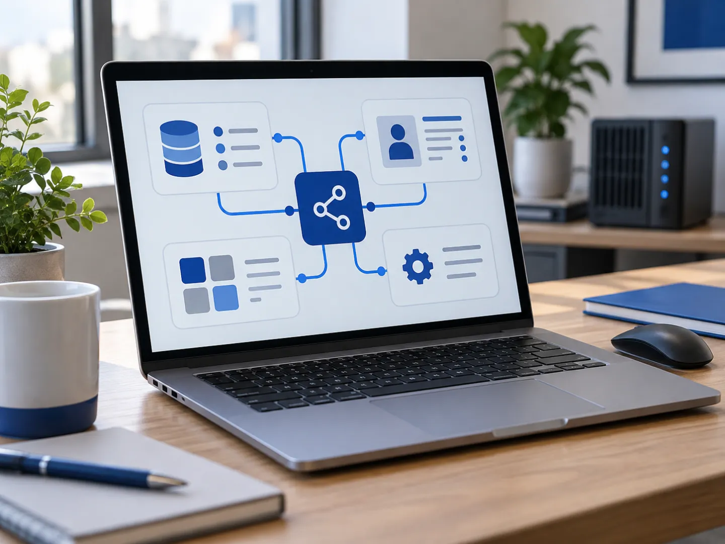 Laptop showing an illustrative diagram connecting a database, a CRM and an ERP, with a small server behind