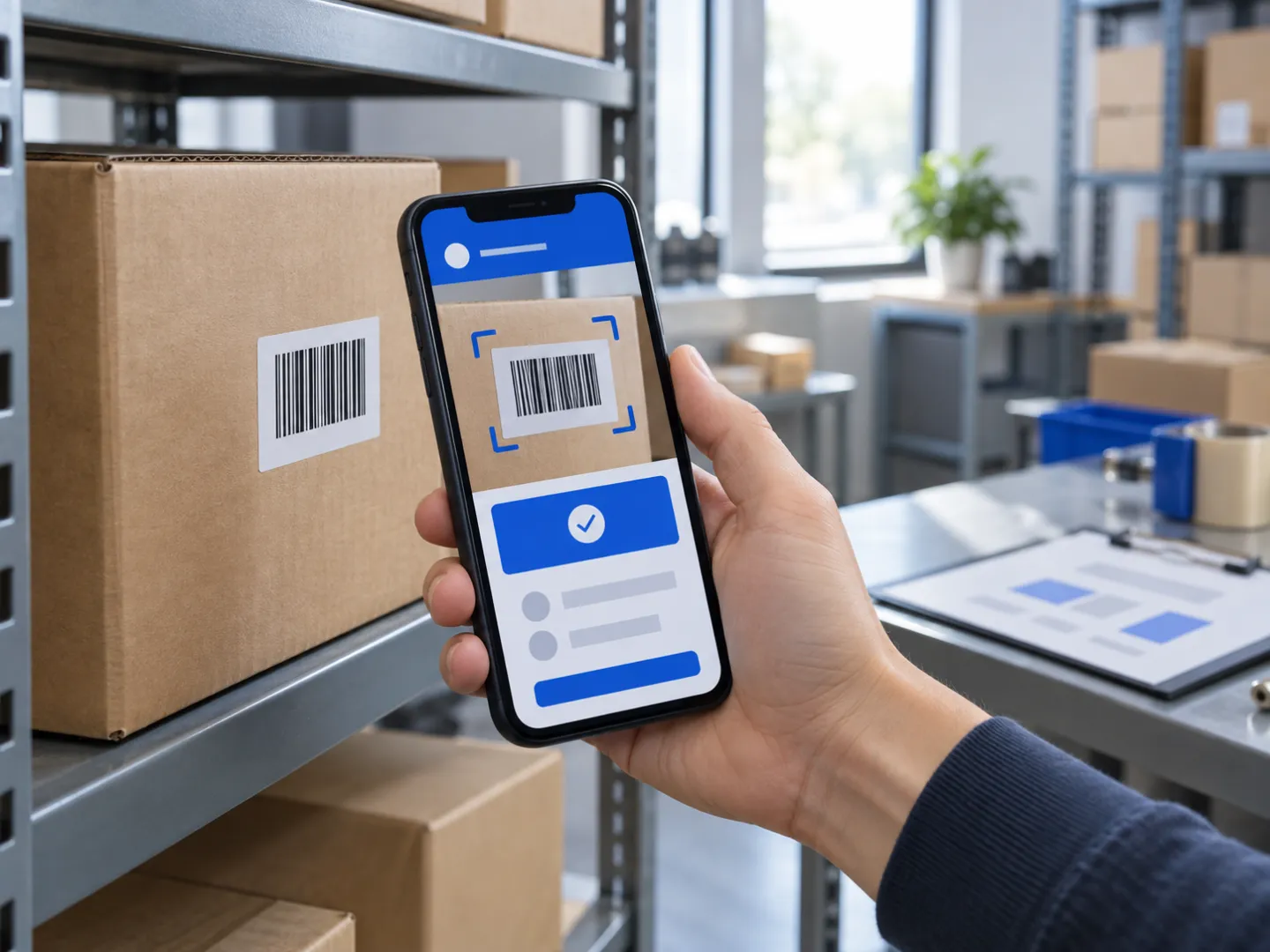 A hand scanning a barcode on a cardboard box with a smartphone app in a small stockroom
