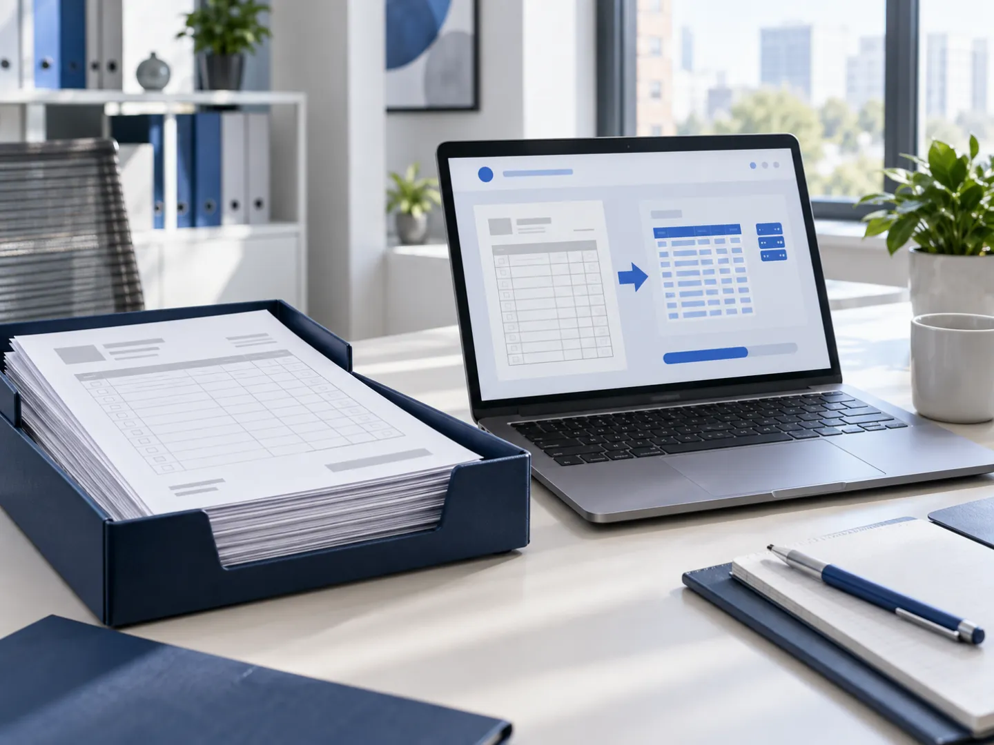 Tray of printed purchase orders next to a laptop showing illustrative table rows being imported