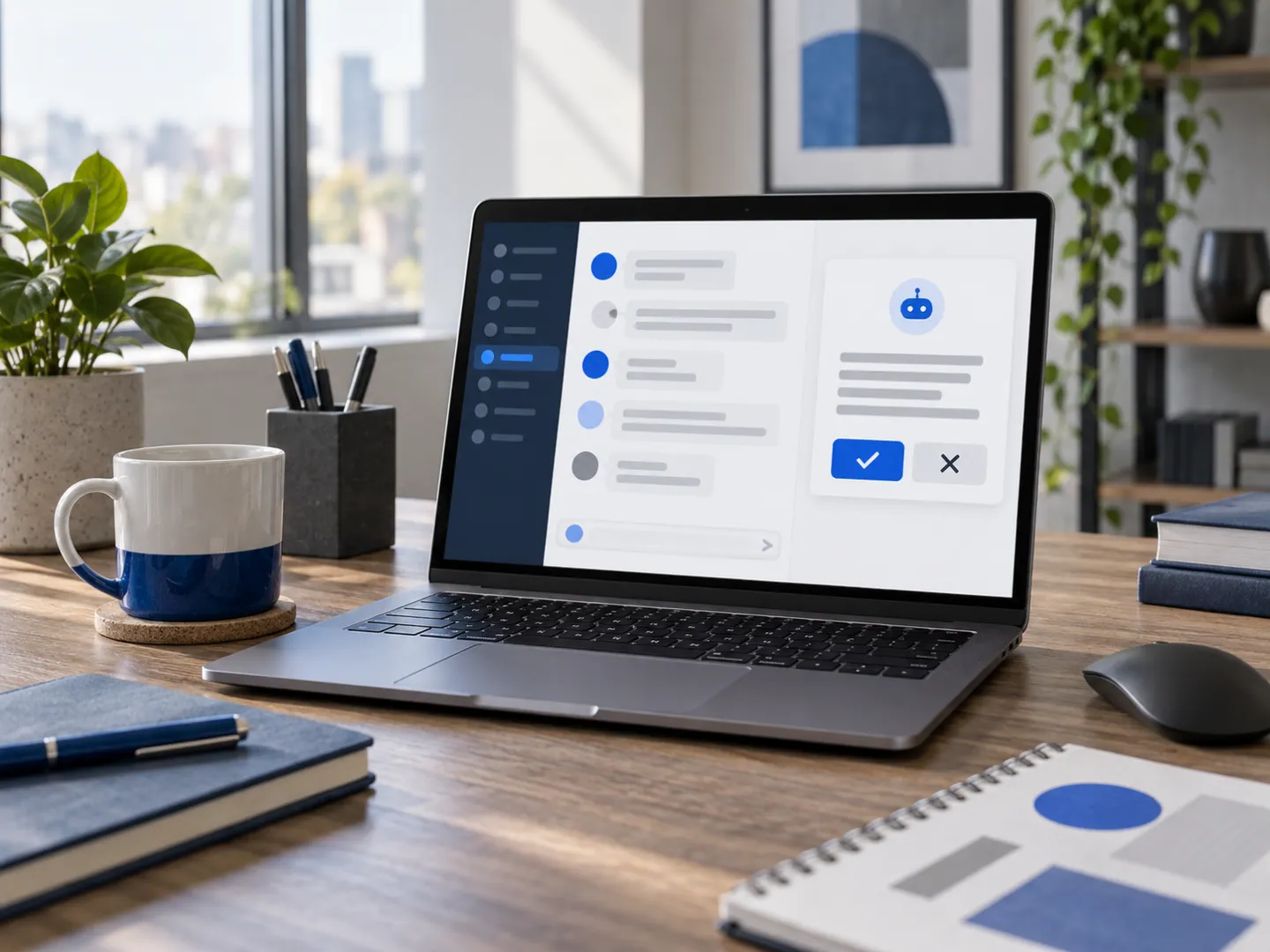 Laptop showing an illustrative team chat where an assistant asks for approval with approve and reject buttons