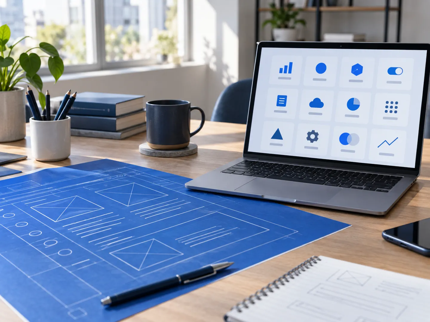 Blueprint sketch of an application layout next to a laptop showing many subscription app tiles