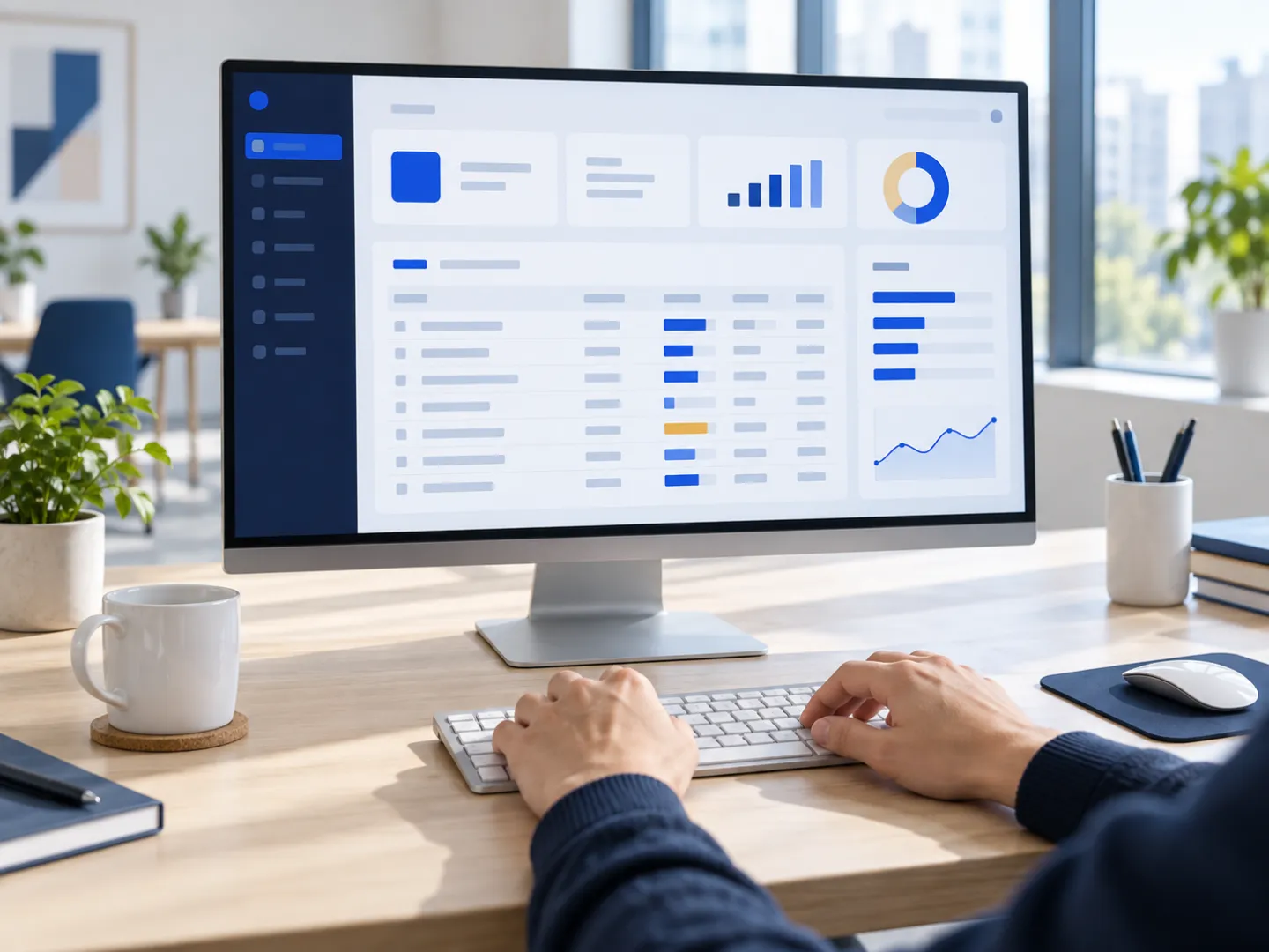Illustrative business application on a large monitor, with hands at a keyboard