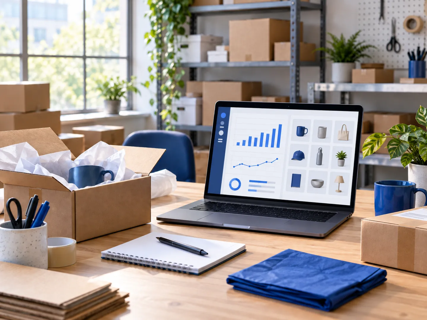 Small ecommerce packing station with shipping boxes and a laptop showing an illustrative sales dashboard