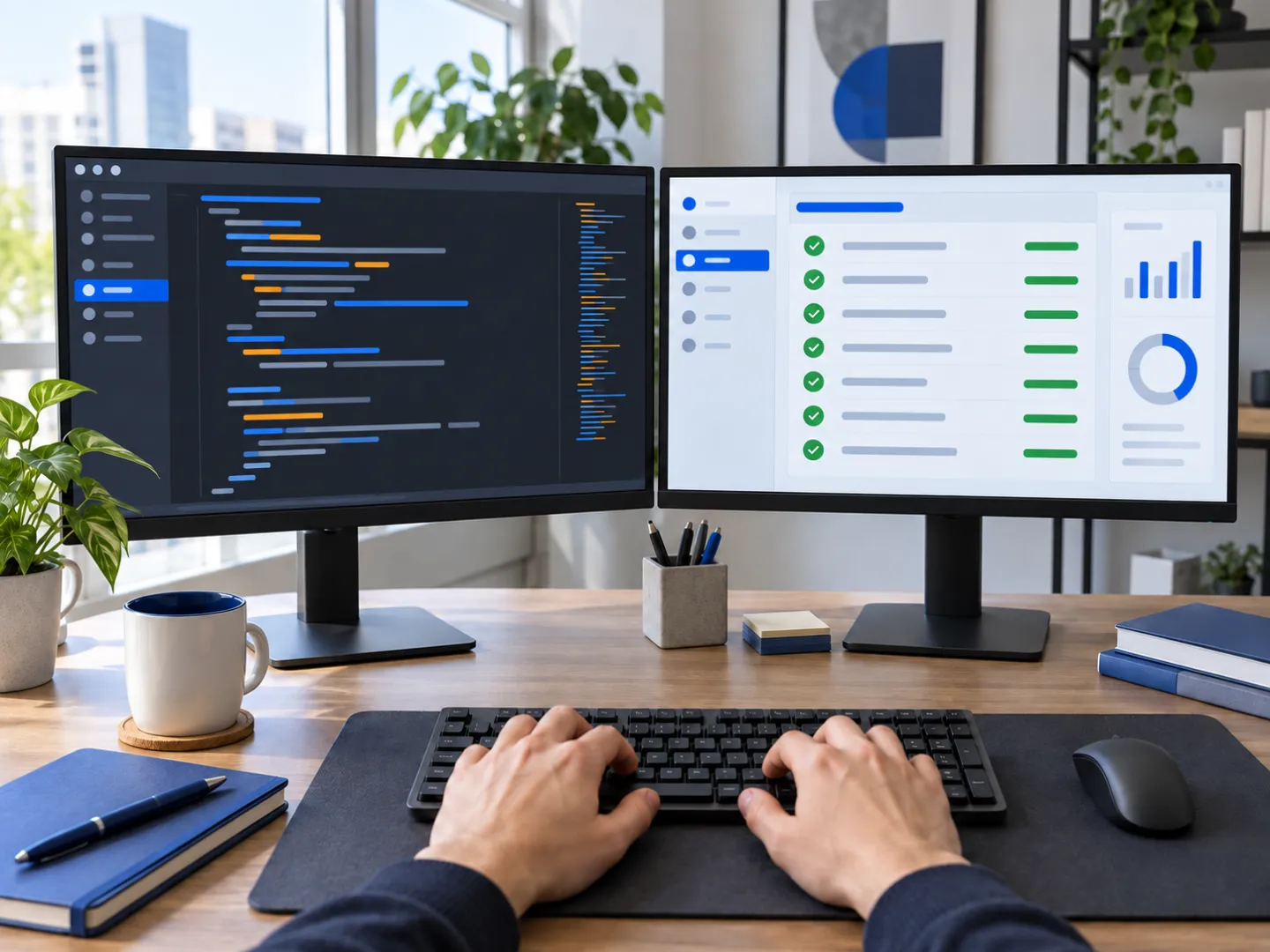 Developer's desk with a code editor on one monitor and a test runner full of green checks on the other