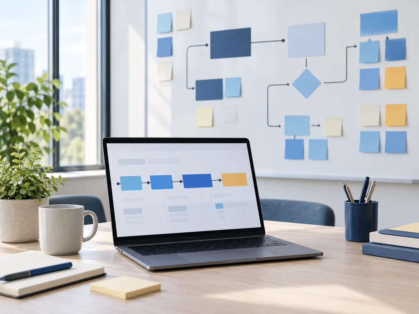 Planning wall and a laptop displaying an illustrative continuous integration pipeline