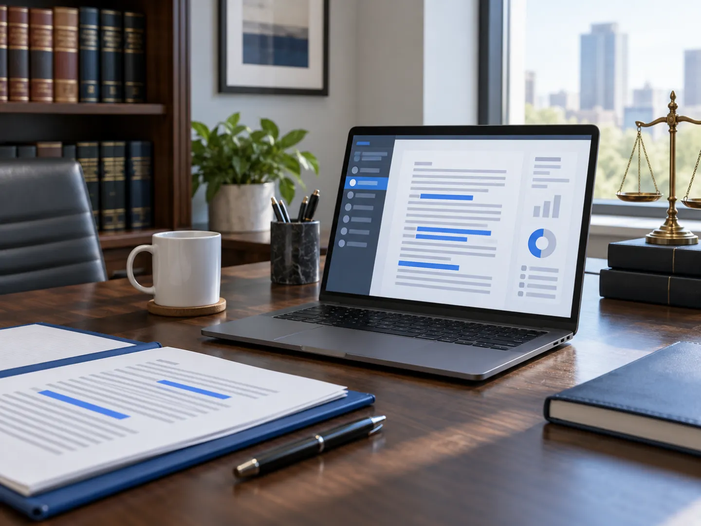 Small law office desk with law books, a folder and a laptop showing an illustrative document review