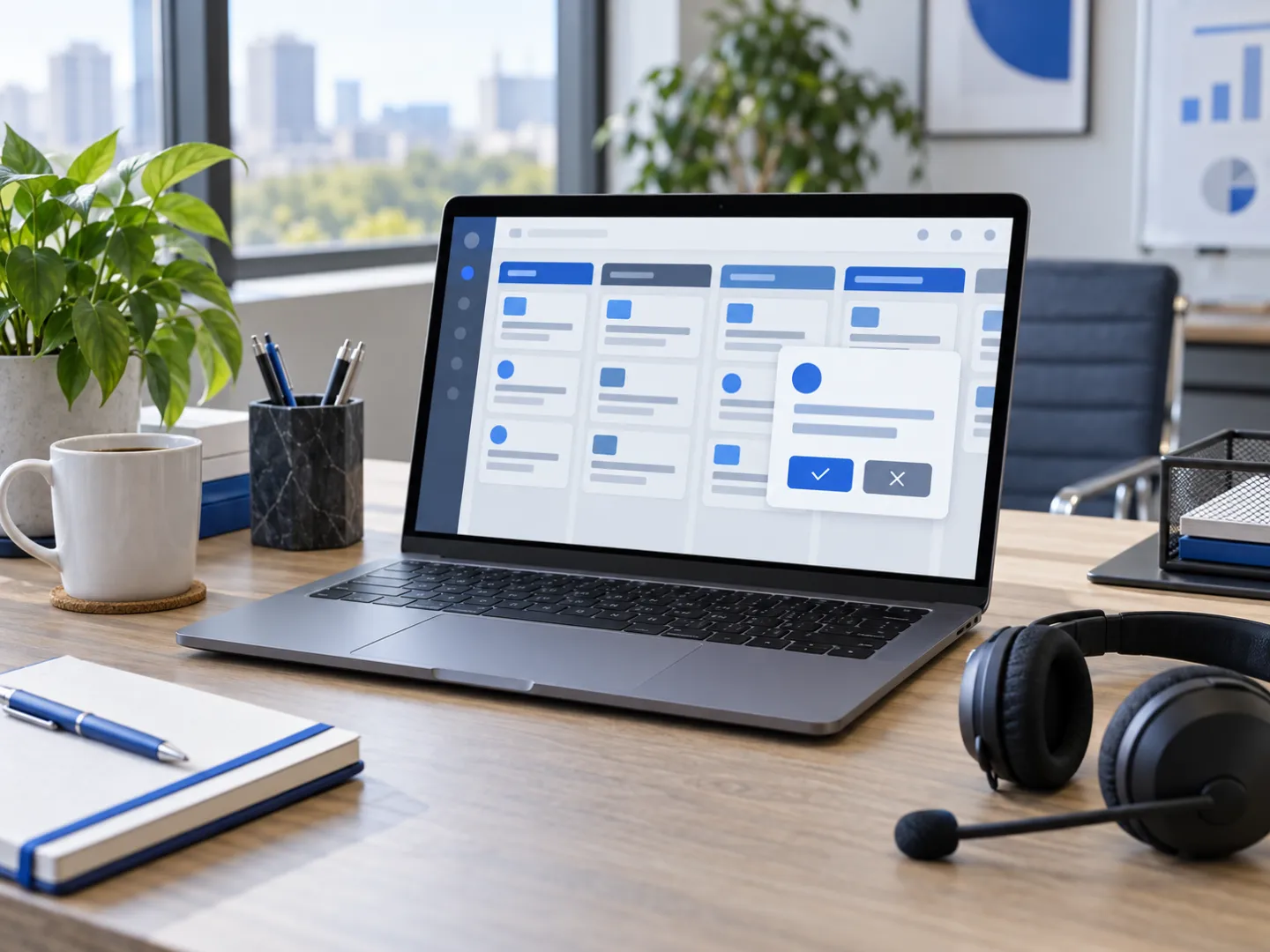Laptop showing an illustrative CRM pipeline board with an approval prompt, a headset on the desk